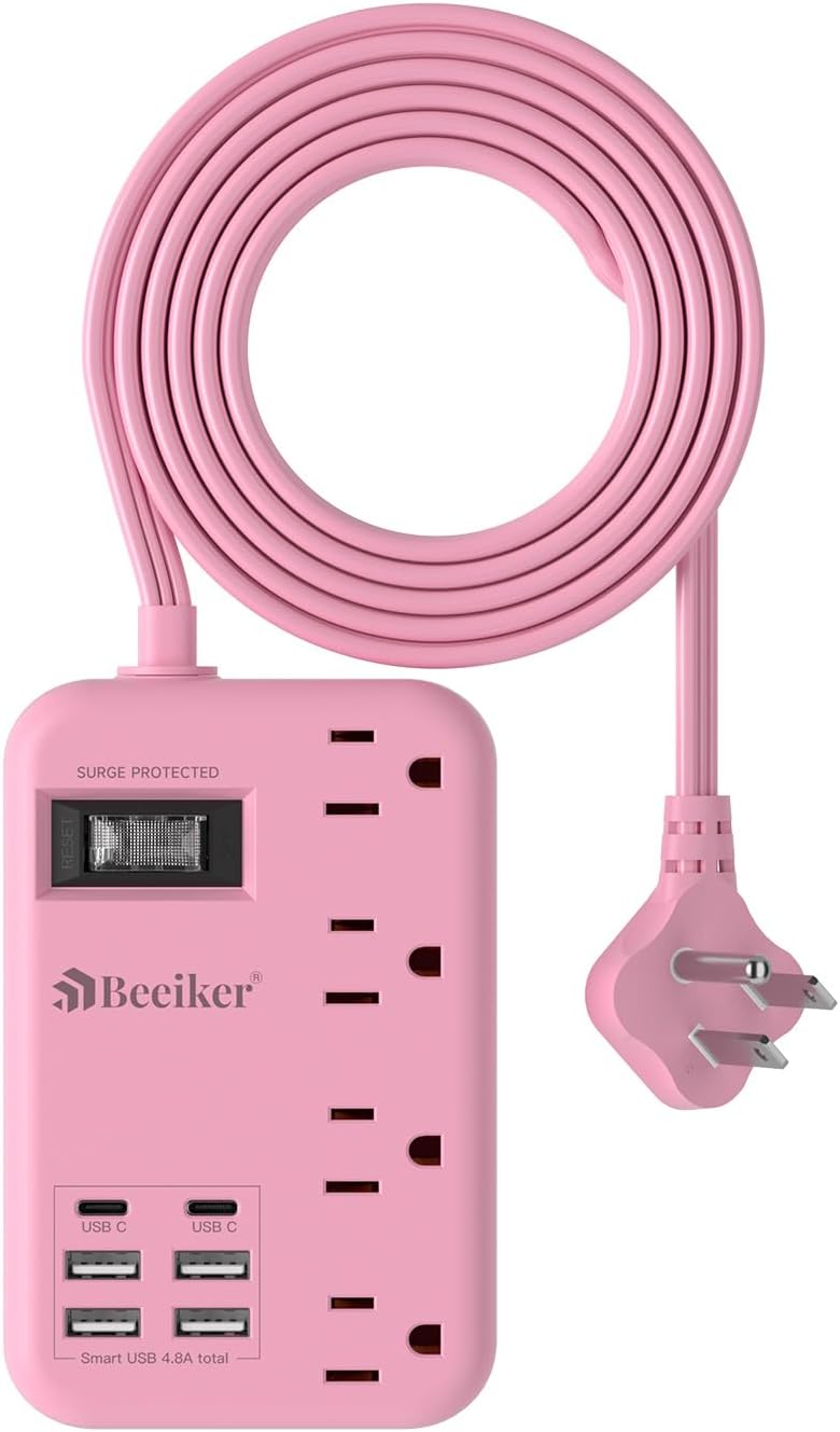 Beeiker 6 USB(2 USB C) Pink Extension Cord- 5Ft Travel Power Strip with 24W USB Charging Station and 4 Outlets, Pink Desk Accessories with Surge Protector for Cute Kawaii Gifts College Dorm Desk - Image 1